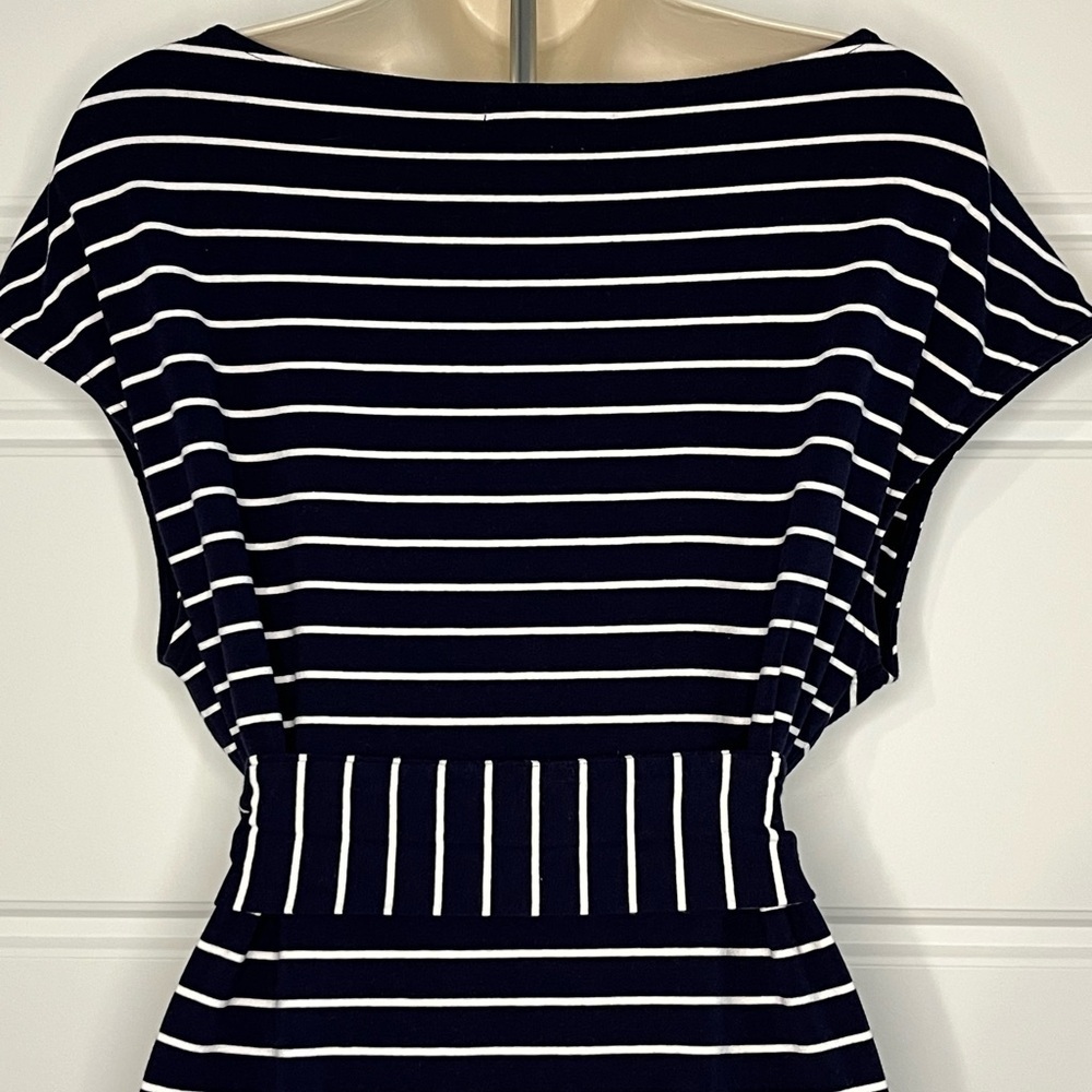 Lauren Ralph Lauren Nautical Navy White Striped Dress Belted Classic Preppy Sz L - Picture 6 of 10